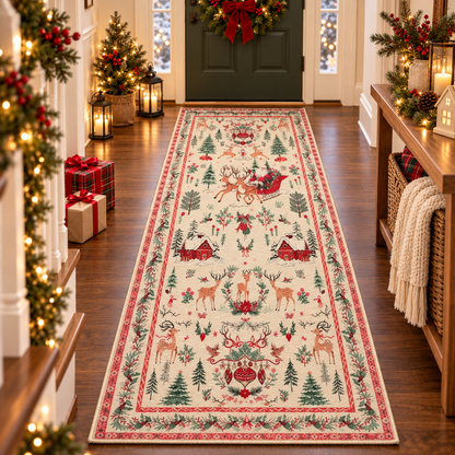 🎄 Vintage Christmas Runner Rug – Washable Non-Slip Holiday Hallway Carpet