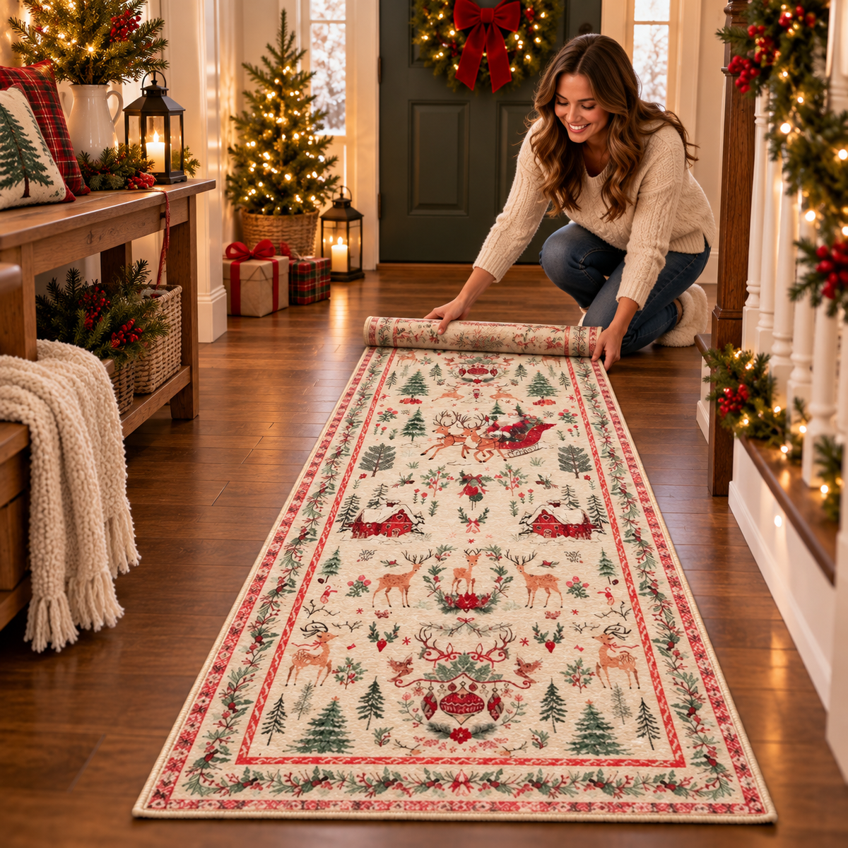🎄 Vintage Christmas Runner Rug – Washable Non-Slip Holiday Hallway Carpet