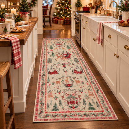 🎄 Vintage Christmas Runner Rug – Washable Non-Slip Holiday Hallway Carpet