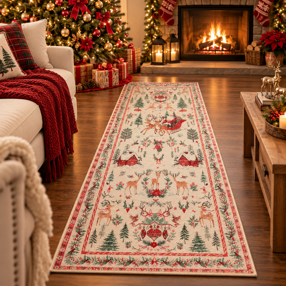 🎄 Vintage Christmas Runner Rug – Washable Non-Slip Holiday Hallway Carpet