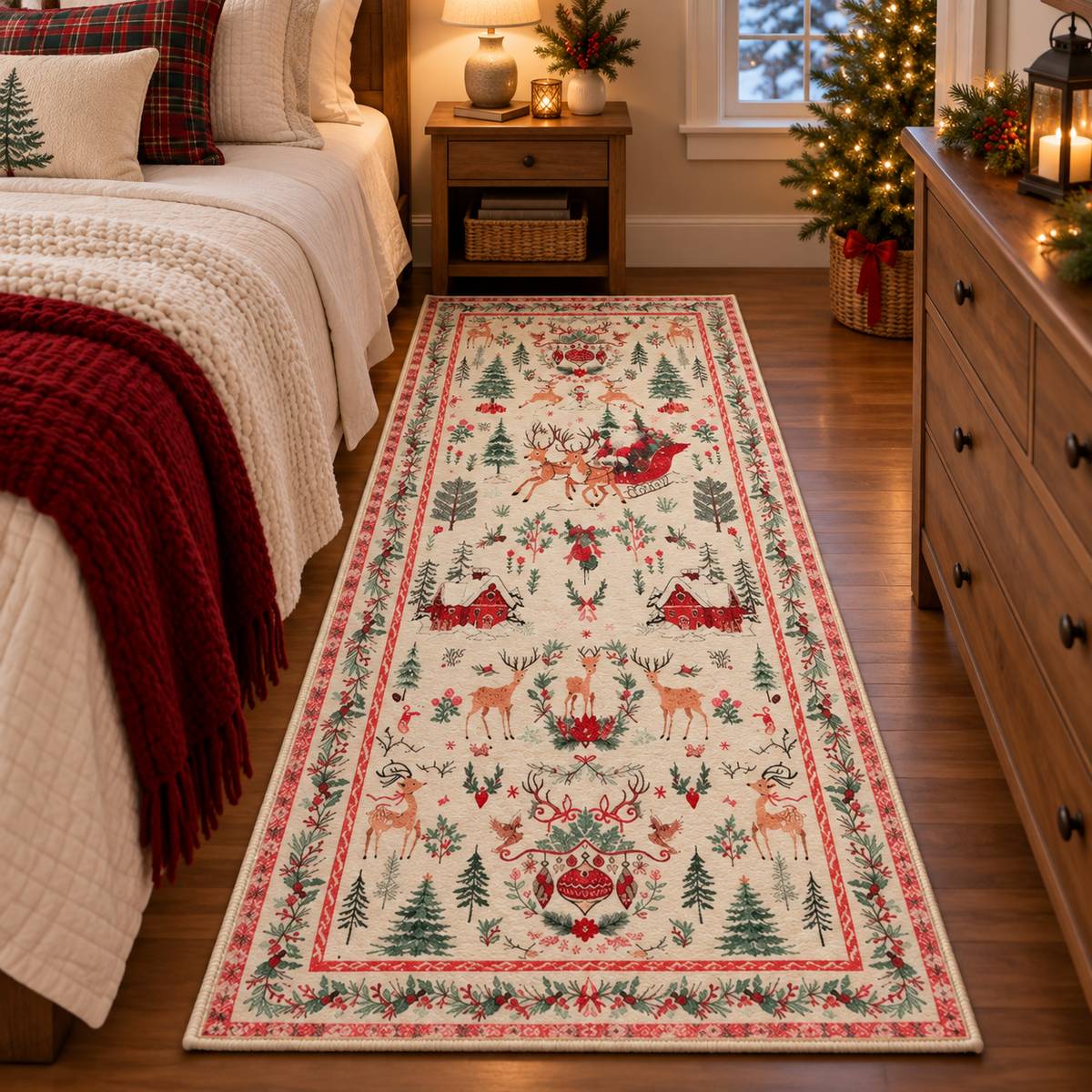 🎄 Vintage Christmas Runner Rug – Washable Non-Slip Holiday Hallway Carpet