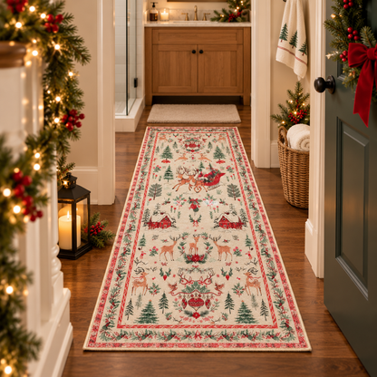 🎄 Vintage Christmas Runner Rug – Washable Non-Slip Holiday Hallway Carpet