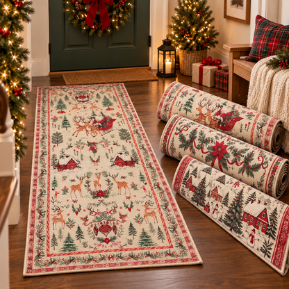 🎄 Vintage Christmas Runner Rug – Washable Non-Slip Holiday Hallway Carpet