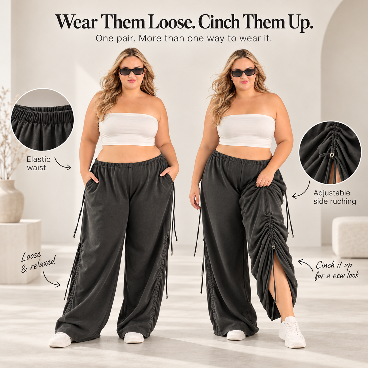 ✨ Adjustable Ruched Wide-Leg Pants – Oversized Drawstring Fit