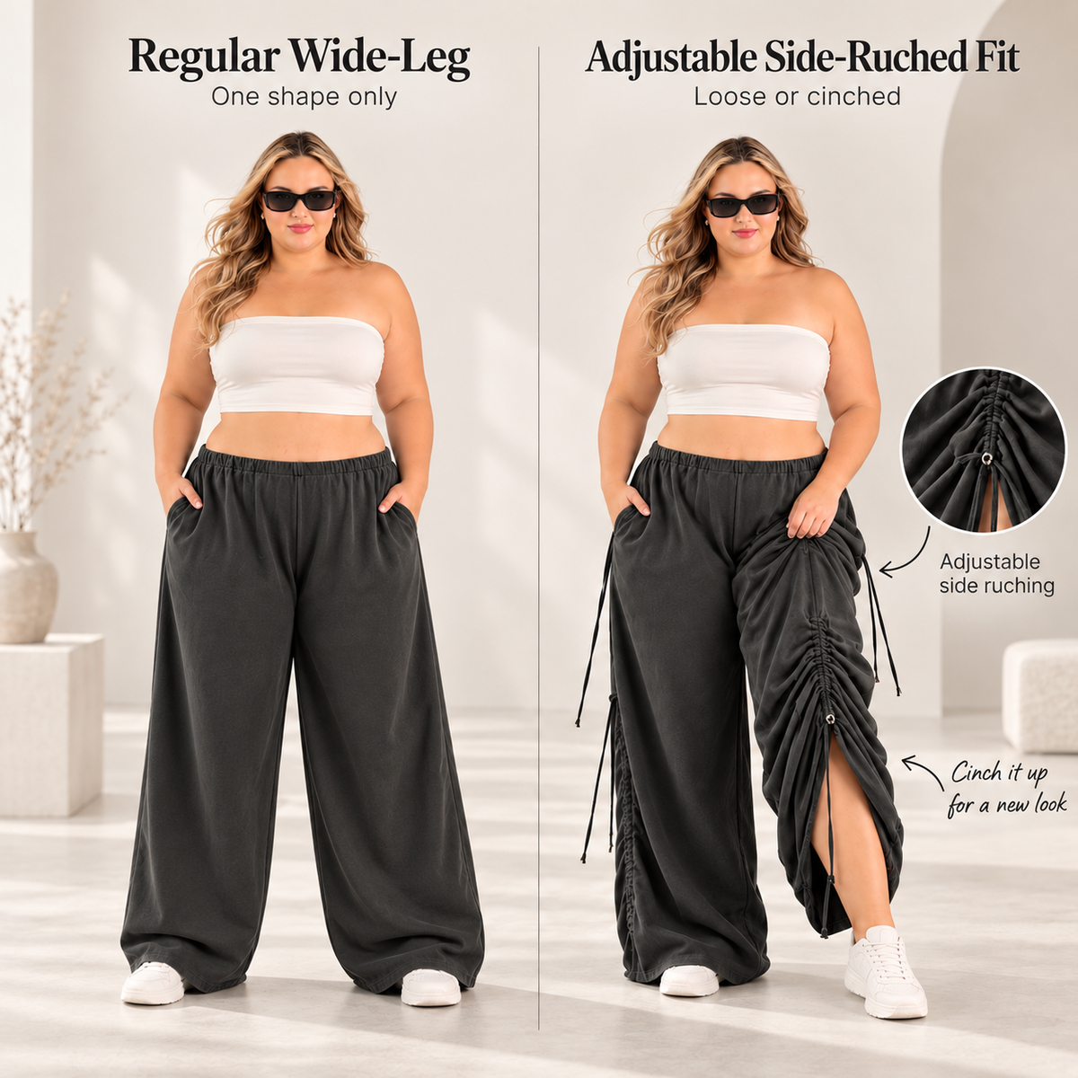 ✨ Adjustable Ruched Wide-Leg Pants – Oversized Drawstring Fit