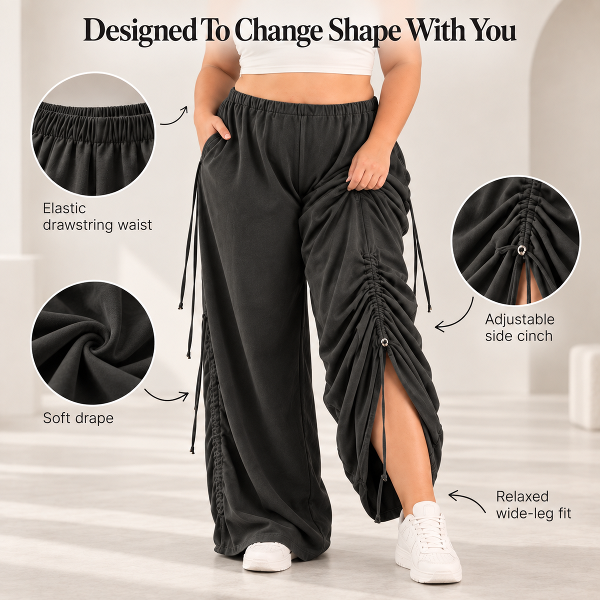 ✨ Adjustable Ruched Wide-Leg Pants – Oversized Drawstring Fit
