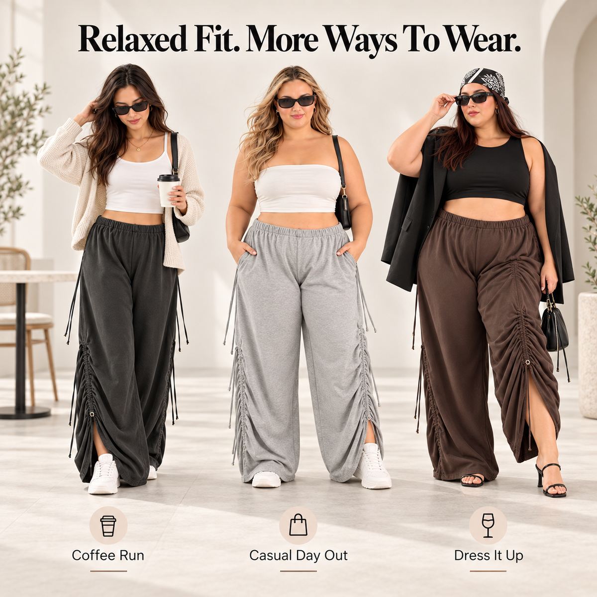 ✨ Adjustable Ruched Wide-Leg Pants – Oversized Drawstring Fit