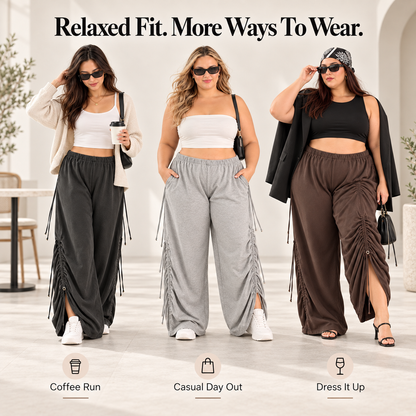 ✨ Adjustable Ruched Wide-Leg Pants – Oversized Drawstring Fit