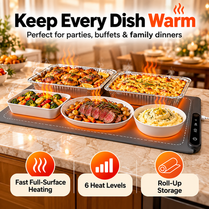🔥 Electric Food Warming Mat – 6 Heat Levels, 6H Timer & Roll-Up Design for Parties, Buffets & Family Dinners