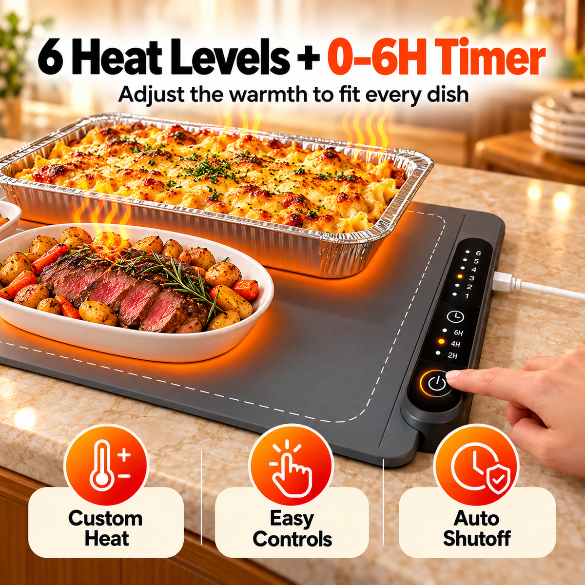 🔥 Electric Food Warming Mat – 6 Heat Levels, 6H Timer & Roll-Up Design for Parties, Buffets & Family Dinners