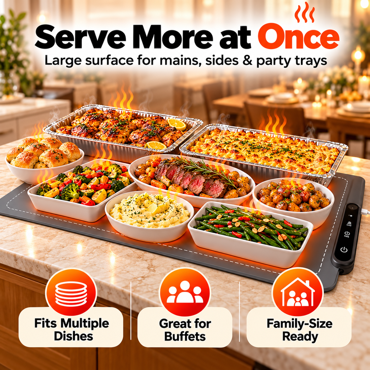 🔥 Electric Food Warming Mat – 6 Heat Levels, 6H Timer & Roll-Up Design for Parties, Buffets & Family Dinners
