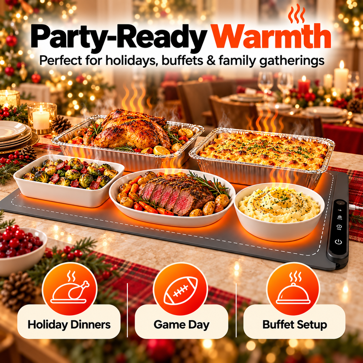 🔥 Electric Food Warming Mat – 6 Heat Levels, 6H Timer & Roll-Up Design for Parties, Buffets & Family Dinners