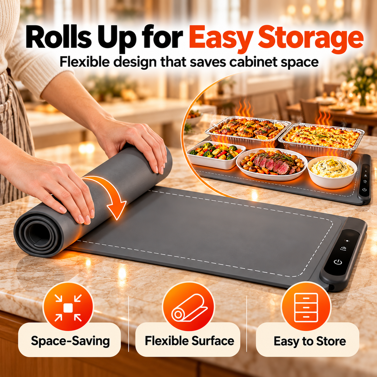 🔥 Electric Food Warming Mat – 6 Heat Levels, 6H Timer & Roll-Up Design for Parties, Buffets & Family Dinners