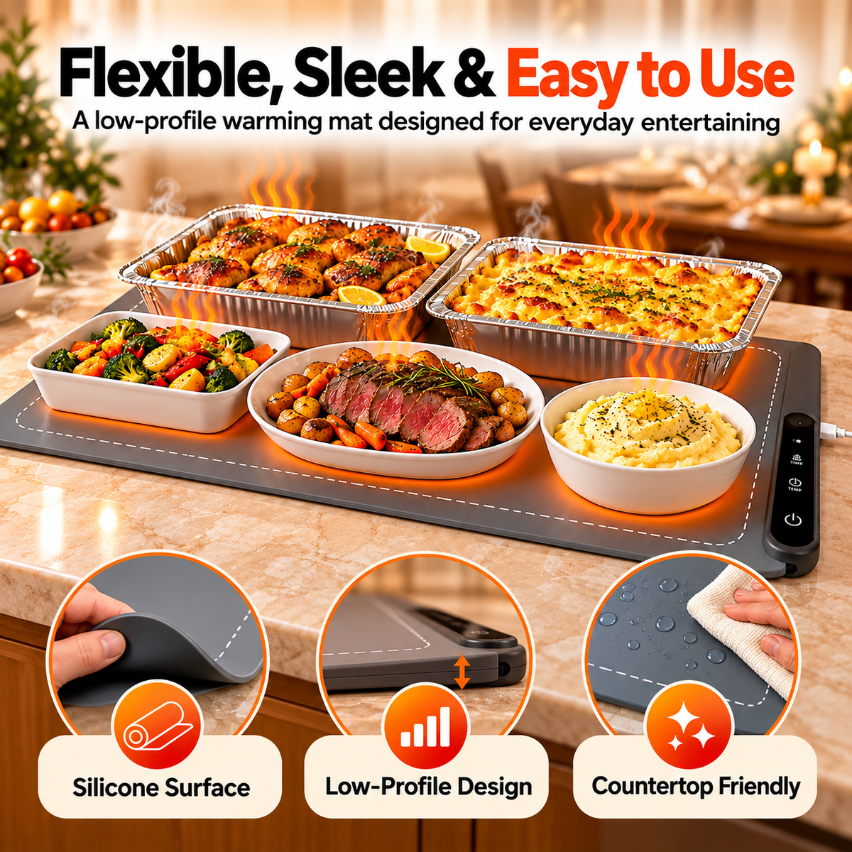 🔥 Electric Food Warming Mat – 6 Heat Levels, 6H Timer & Roll-Up Design for Parties, Buffets & Family Dinners