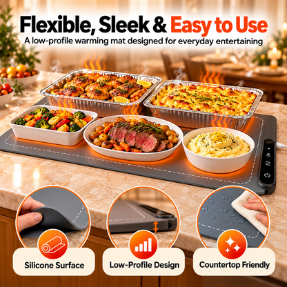 🔥 Electric Food Warming Mat – 6 Heat Levels, 6H Timer & Roll-Up Design for Parties, Buffets & Family Dinners
