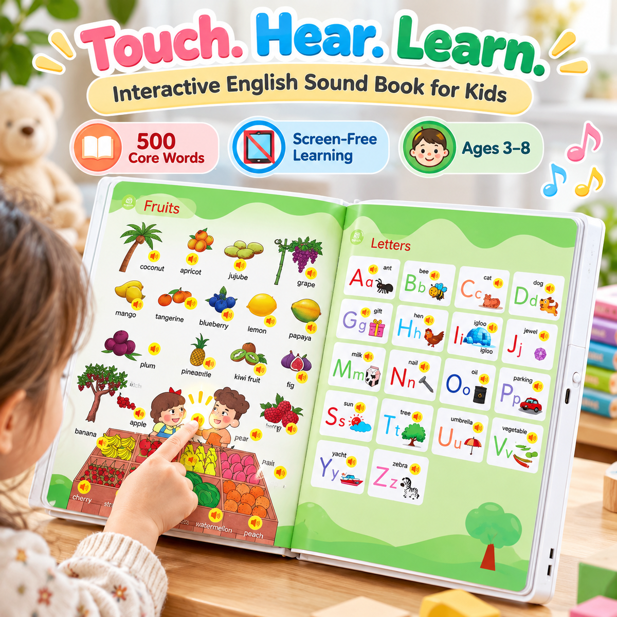 📚 500 Words Interactive English Sound Book for Kids – Touch & Learn Talking Book, Screen-Free Educational Toy Ages 3–8