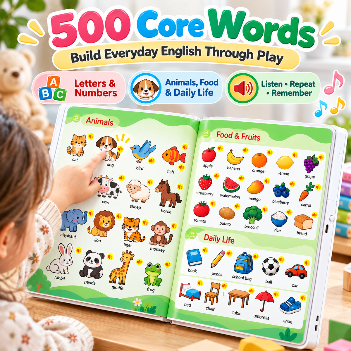 📚 500 Words Interactive English Sound Book for Kids – Touch & Learn Talking Book, Screen-Free Educational Toy Ages 3–8