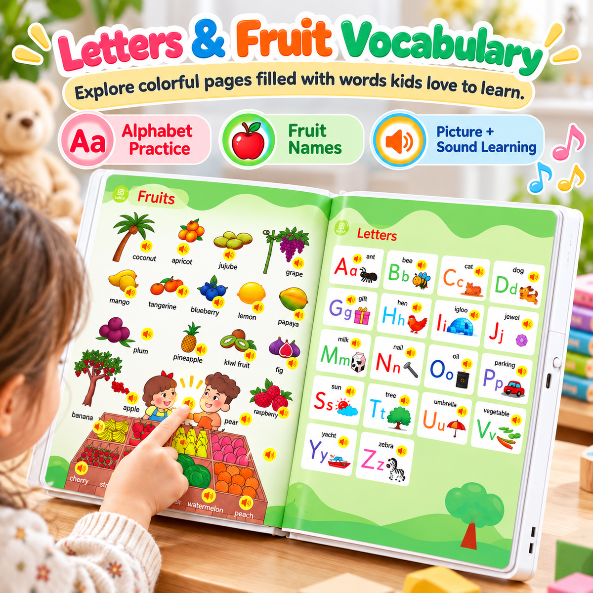 📚 500 Words Interactive English Sound Book for Kids – Touch & Learn Talking Book, Screen-Free Educational Toy Ages 3–8