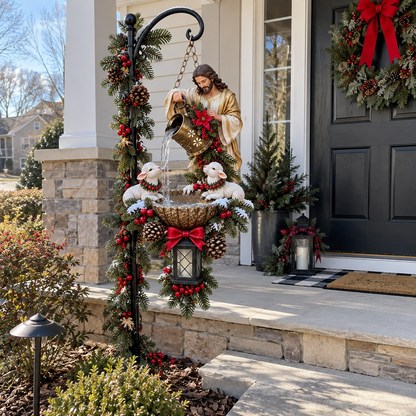 ✝️🔥 50K+ Sold!🐏 Jesus Blessing Lighted Hanging Fountain™ – Christian Christmas Garden Decor✝️