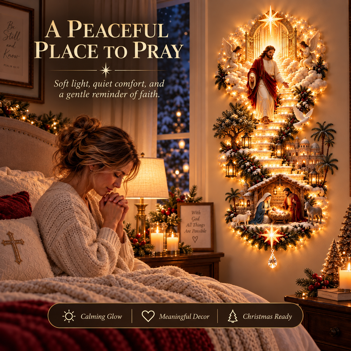 ⏳ Last day to save 49% –✨ Jesus Light of Heaven Christmas Wall Hanging | Illuminated Nativity Stairway Decor ✝️