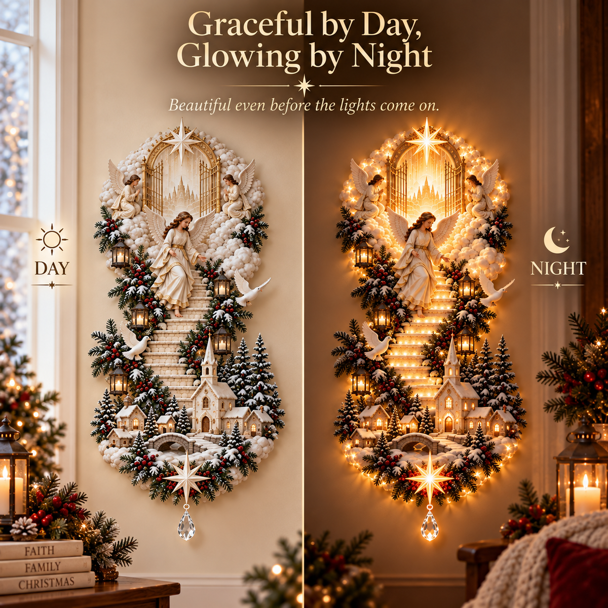 ⏳ Last day to save 49% –✨ Jesus Light of Heaven Christmas Wall Hanging | Illuminated Nativity Stairway Decor ✝️