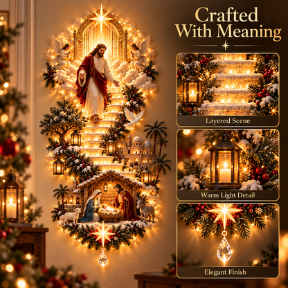 ⏳ Last day to save 49% –✨ Jesus Light of Heaven Christmas Wall Hanging | Illuminated Nativity Stairway Decor ✝️
