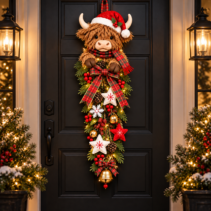 ✨🎄 Lighted Highland Cow Christmas Door Swag – A Cozy Holiday Welcome