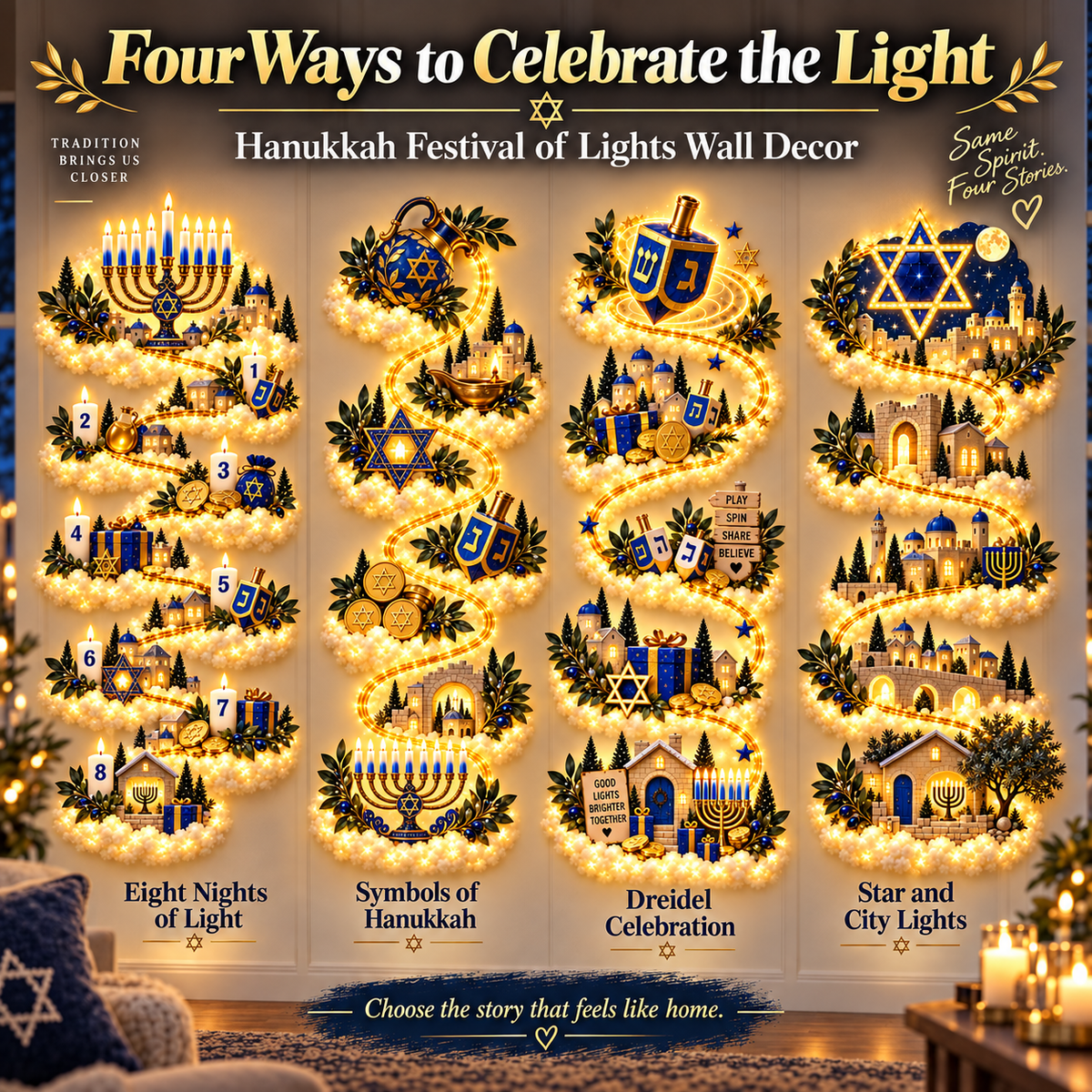 🔥🏘🕎 Hanukkah Festival of Lights Wall Decor Collection – 4 Glowing Designs Celebrating Eight Nights of Light ✨