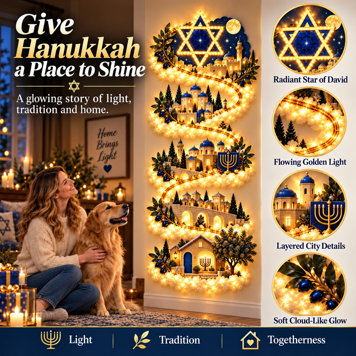 🔥🏘🕎 Hanukkah Festival of Lights Wall Decor Collection – 4 Glowing Designs Celebrating Eight Nights of Light ✨