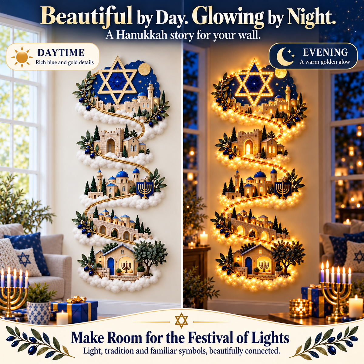 🔥🏘🕎 Hanukkah Festival of Lights Wall Decor Collection – 4 Glowing Designs Celebrating Eight Nights of Light ✨