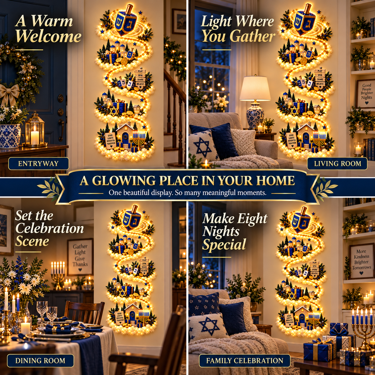 🔥🏘🕎 Hanukkah Festival of Lights Wall Decor Collection – 4 Glowing Designs Celebrating Eight Nights of Light ✨