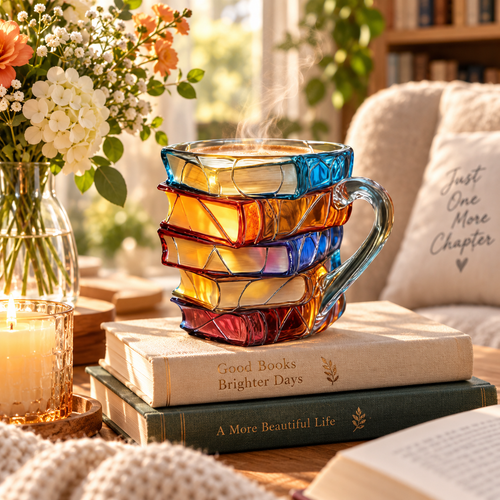 📚 Hand-Painted 3D Book Stack Glass Mug –  A Gift That Reads As Thoughtful. ☕