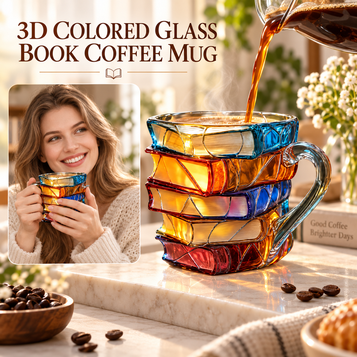 📚 Hand-Painted 3D Book Stack Glass Mug –  A Gift That Reads As Thoughtful. ☕