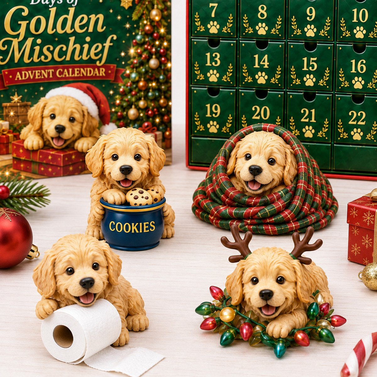 ⏰ 50% Off Sale 🎄 24 Days of Golden Mischief Advent Calendar – 24 Unique Golden Retriever Collectibles