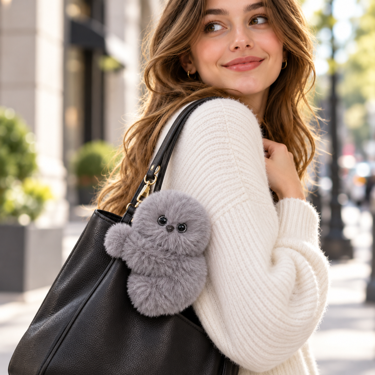 👀 Interactive Fluffy Bag Charm – Cute Head-Turning Plush Companion