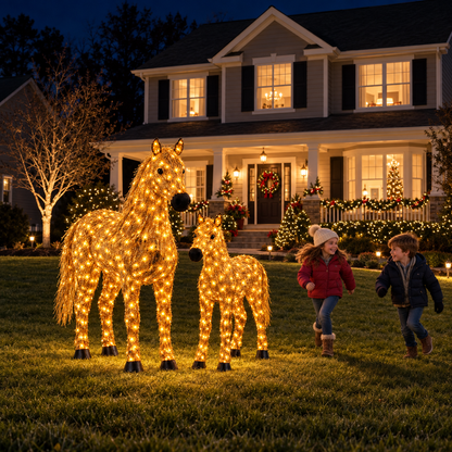 ✨🐎 Light-Up Christmas Horse & Foal Set – Warm White LED Holiday Display