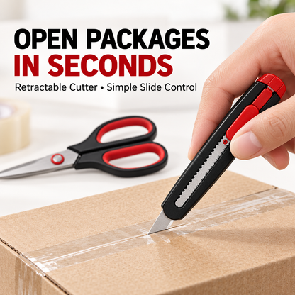 ✂️ 2-in-1 Anti-Adhesive Scissors & Box Cutter – Stainless Steel Multi Tool