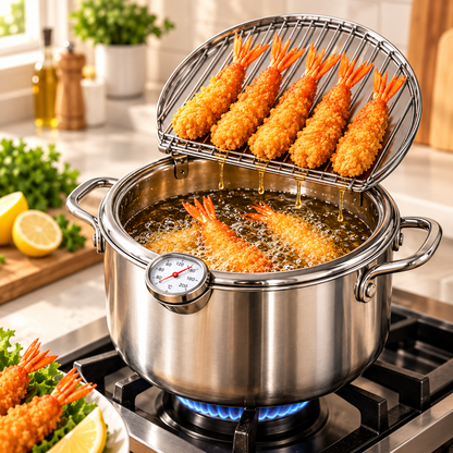 🍤 Stainless Steel Fryer Pot with Thermometer & Drain Rack – Crispy Frying Made Easier
