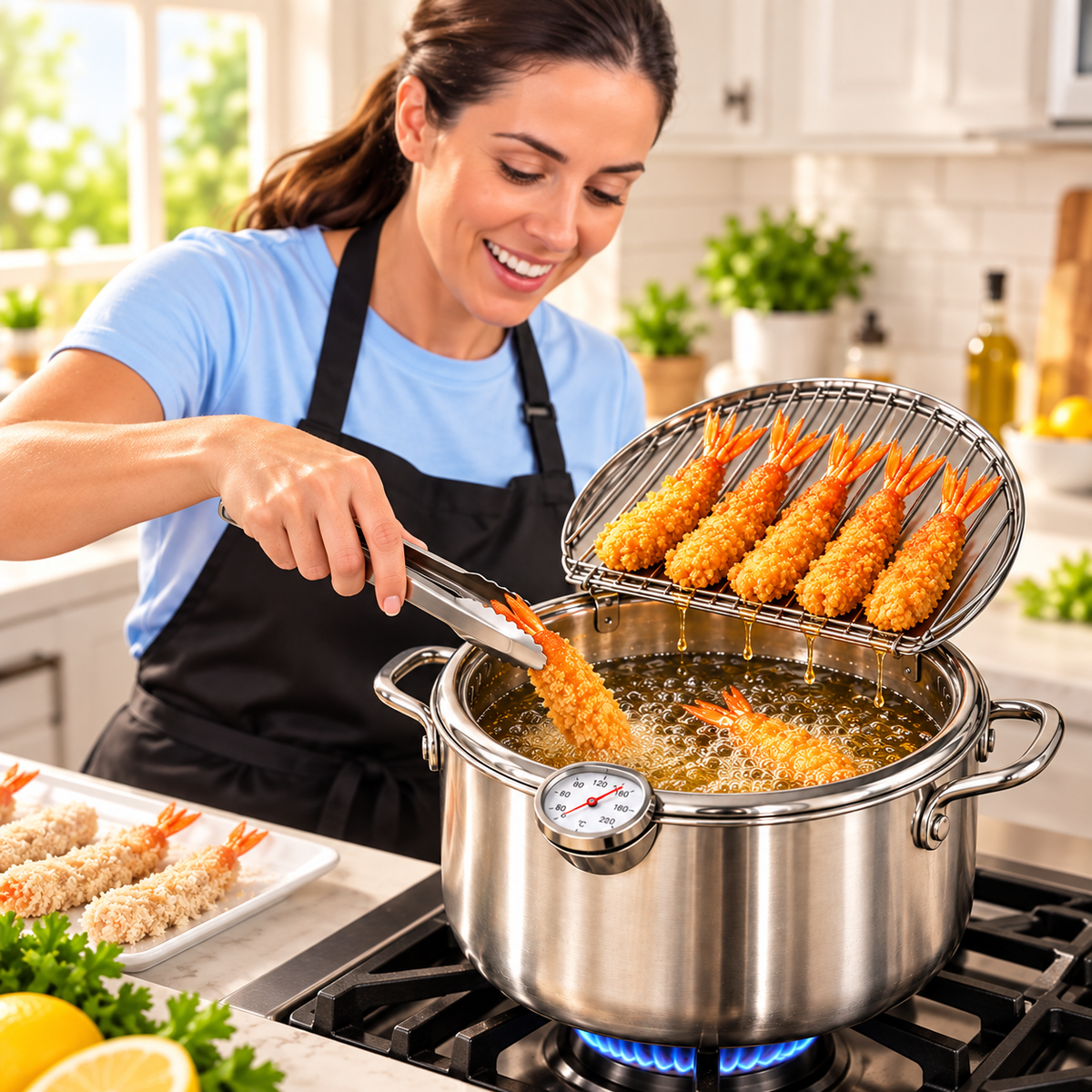 🍤 Stainless Steel Fryer Pot with Thermometer & Drain Rack – Crispy Frying Made Easier