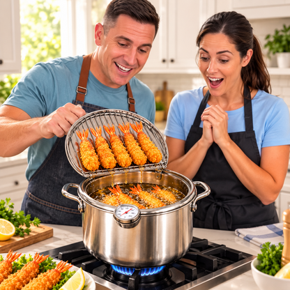 🍤 Stainless Steel Fryer Pot with Thermometer & Drain Rack – Crispy Frying Made Easier