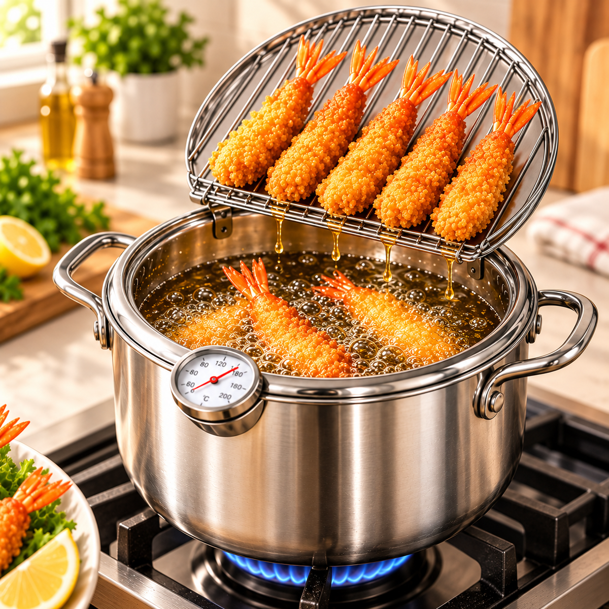 🍤 Stainless Steel Fryer Pot with Thermometer & Drain Rack – Crispy Frying Made Easier