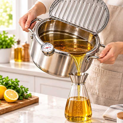 🍤 Stainless Steel Fryer Pot with Thermometer & Drain Rack – Crispy Frying Made Easier