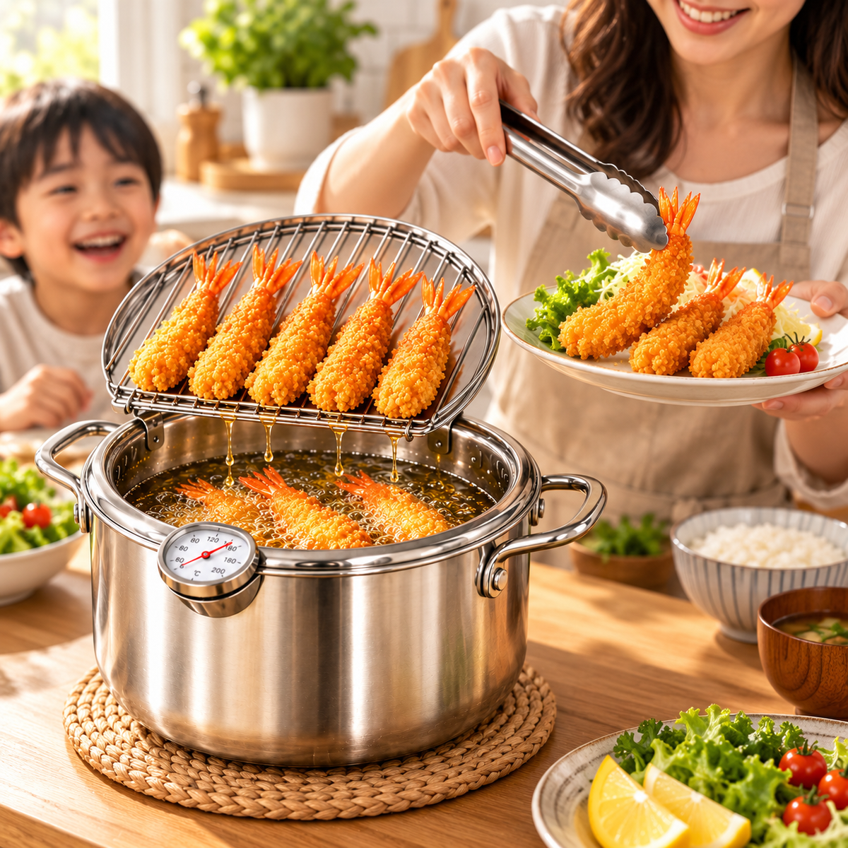 🍤 Stainless Steel Fryer Pot with Thermometer & Drain Rack – Crispy Frying Made Easier