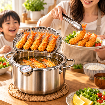 🍤 Stainless Steel Fryer Pot with Thermometer & Drain Rack – Crispy Frying Made Easier
