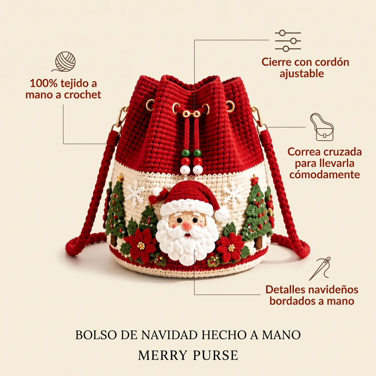 🎄 Merry Christmas Crochet Bucket Bag – Festive Holiday Crossbody Purse