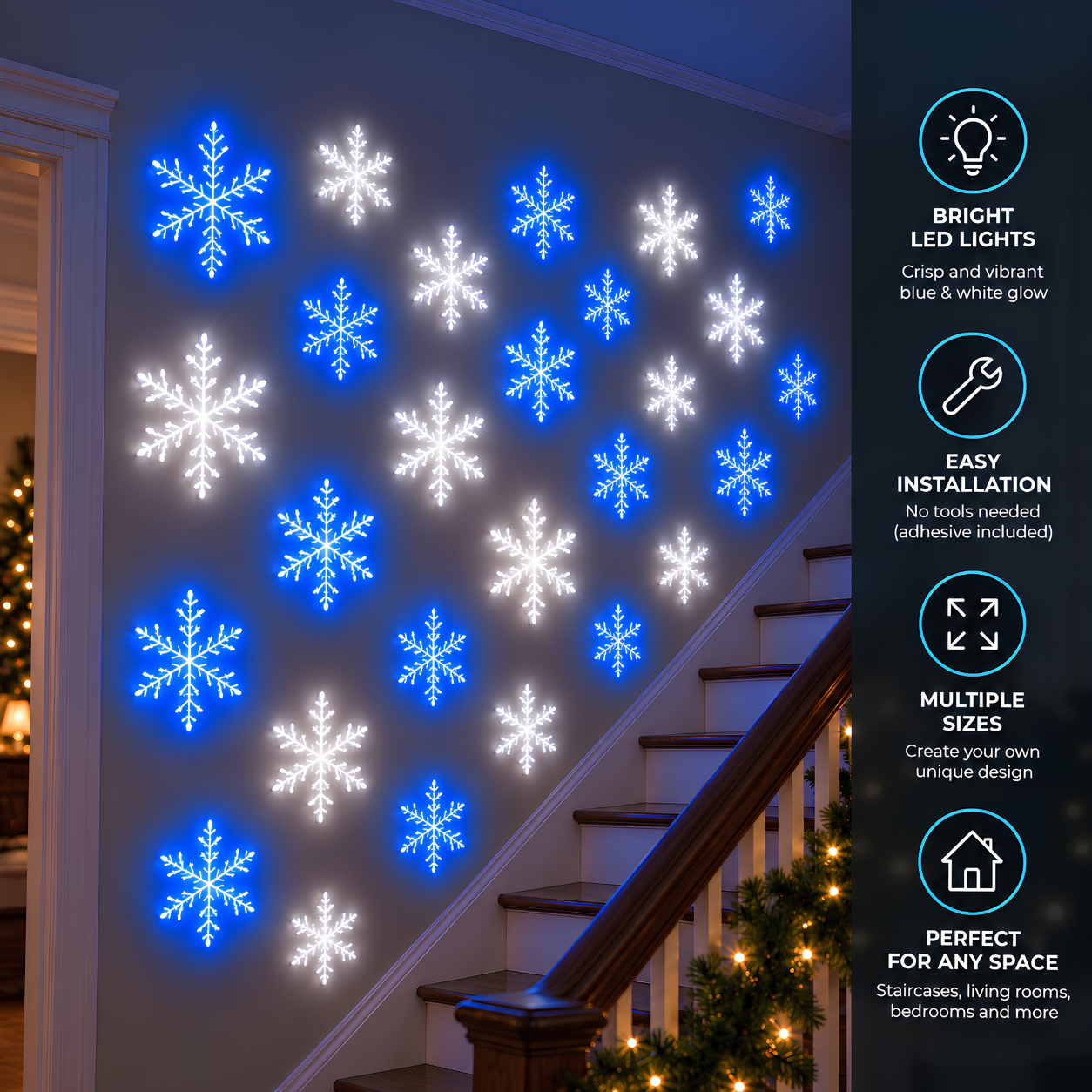 ❄️ Remote-Controlled Snowflake Wall Light Set – Blue & White Christmas Décor