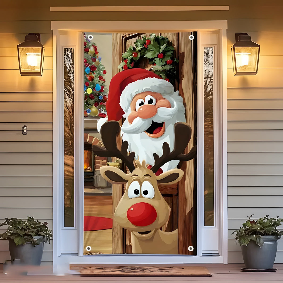 🎅 Santa & Reindeer Christmas Door Cover – Instant Holiday Door Makeover