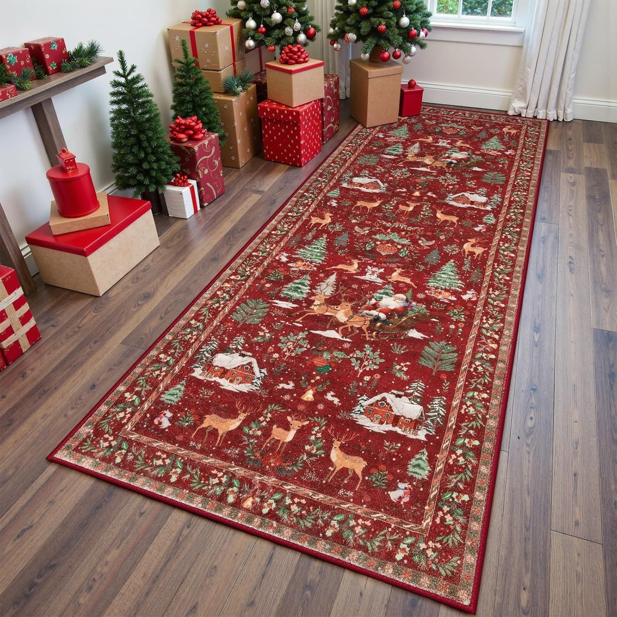 🎄 Vintage Christmas Runner Rug – Washable Non-Slip Holiday Hallway Carpet