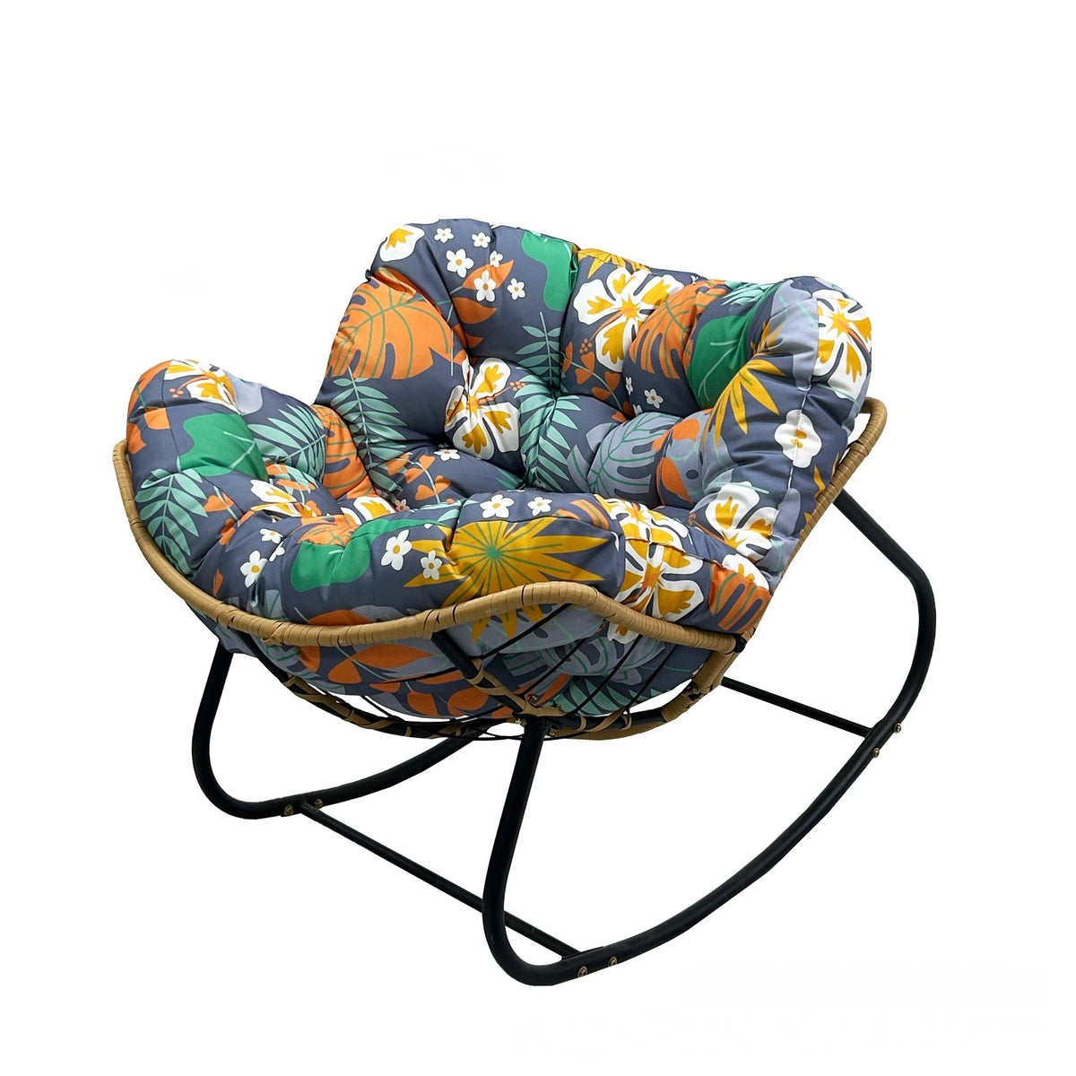 Oversized Papasan Rocking Chair with Thick Cushion, Metal Frame for Indoor & Outdoor