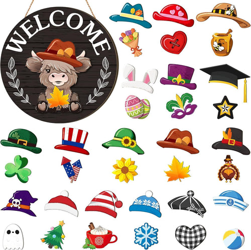 🐮 Interchangeable Highland Cow Welcome Sign – Seasonal Door Hanger